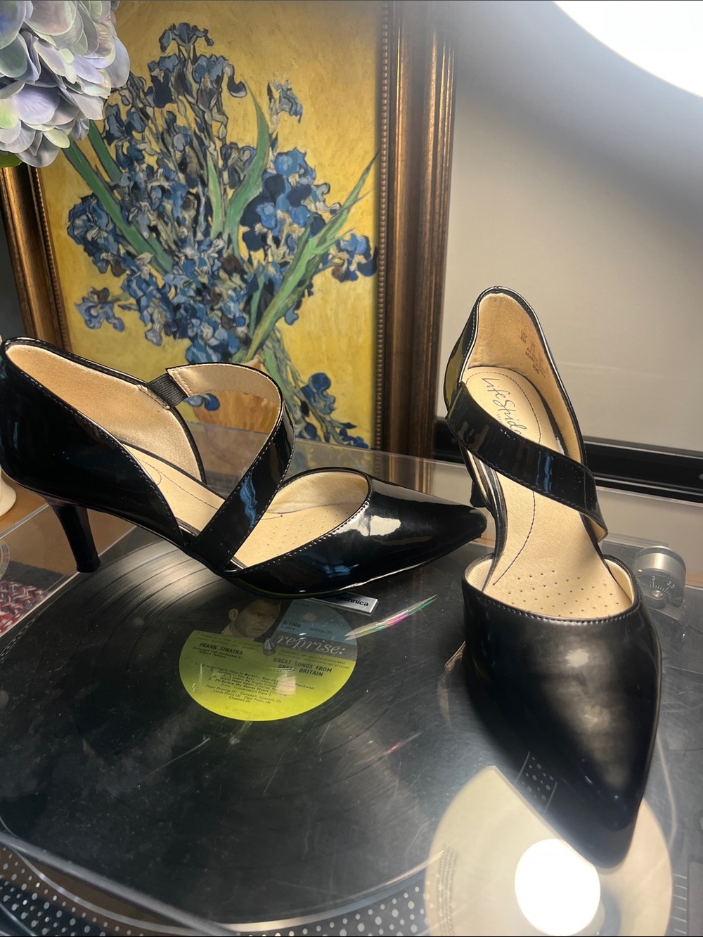 Life Stride Black Patent Cross-Strap Pointed Pumps